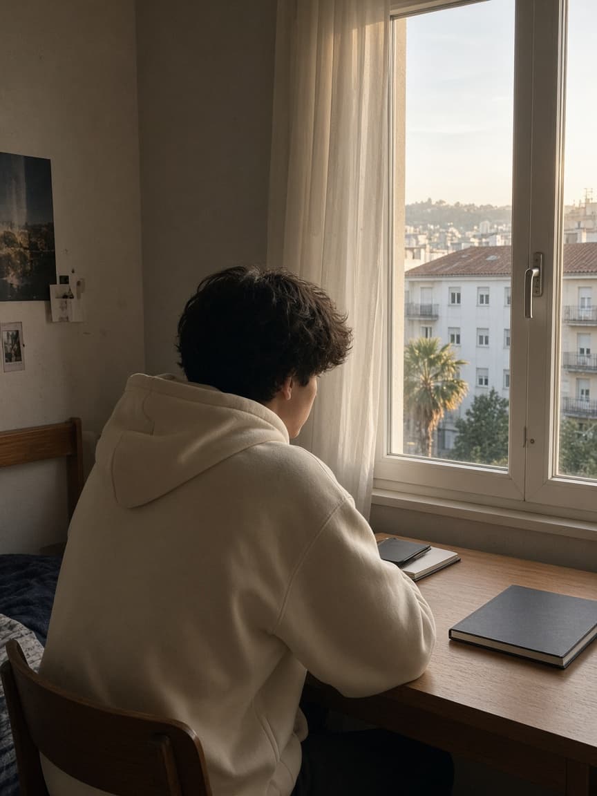 Una adolescente en el escritorio, de espaldas a la cámara.