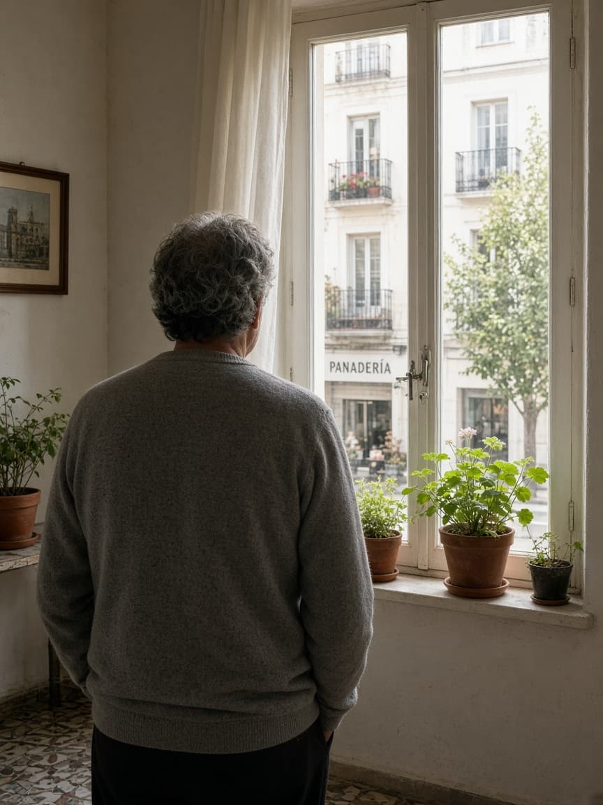 Un adulto junto a la ventana, de espaldas.