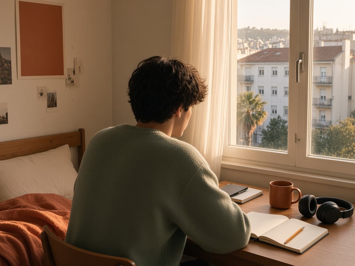 Adolescente de espaldas en un escritorio, con cuaderno y luz de tarde.