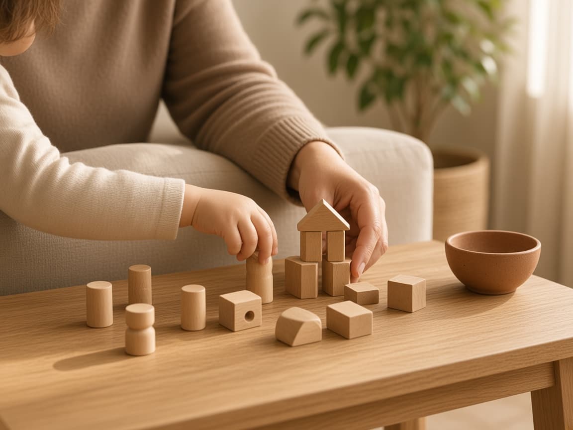 Manos de un adulto y un niño, de espaldas, con bloques de madera sobre la mesa.