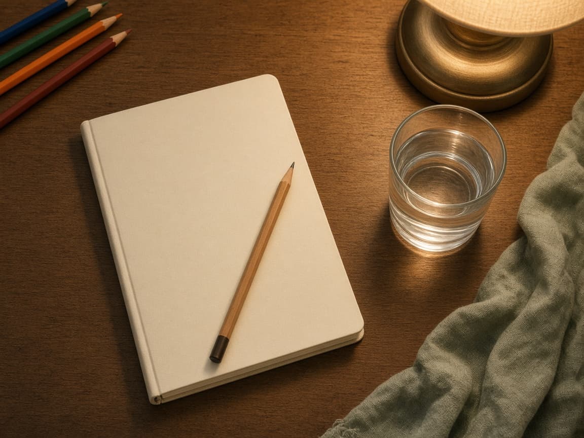 Mesa de estudio con cuaderno, lápices y luz cálida.