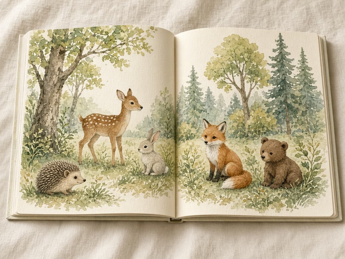 Libro ilustrado abierto, sin texto.