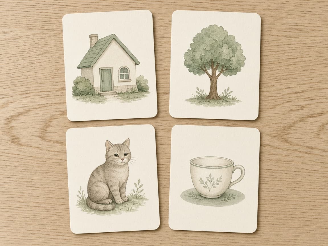 Tarjetas ilustradas sobre una mesa de madera.