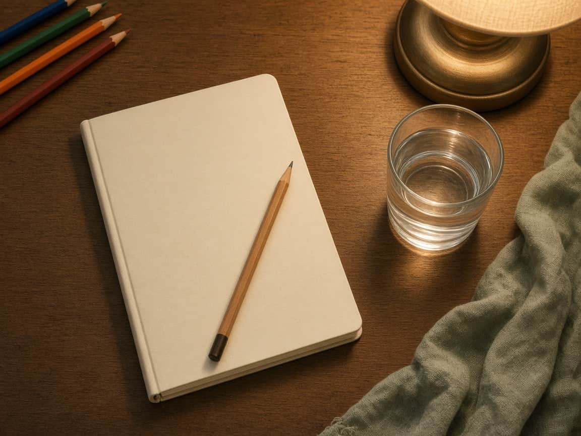 Mesa de estudio con cuaderno, lápices y luz cálida.