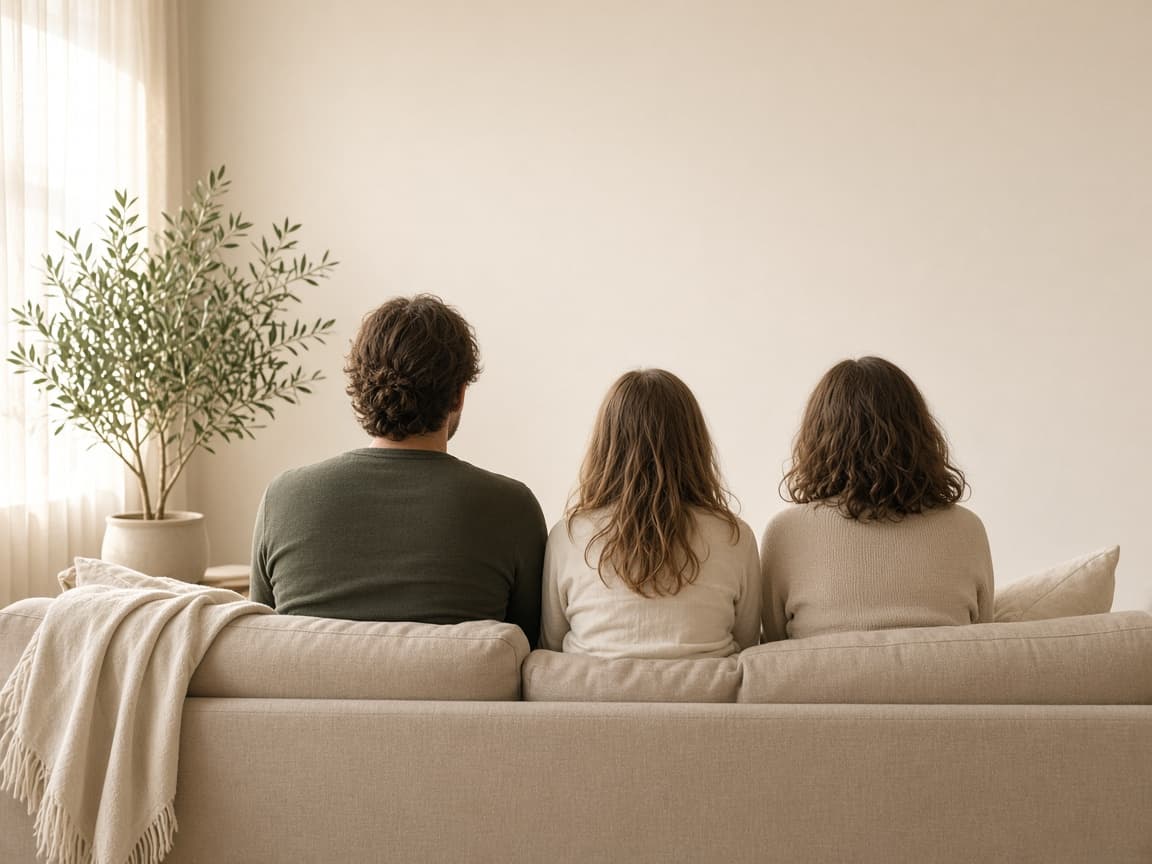 Una familia sentada en el sofá, vista de espaldas.