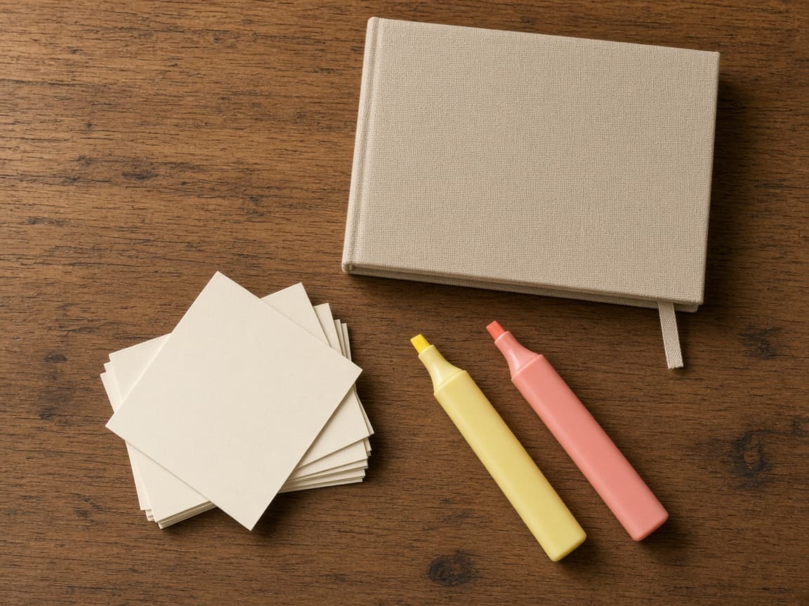 Fichas, subrayadores y cuaderno sobre un escritorio.