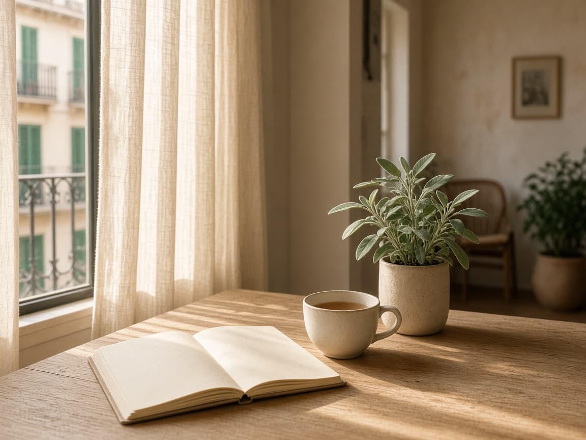Mesa de consulta con cuaderno, té y luz de ventana.