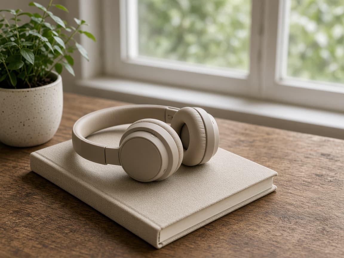Auriculares y cuaderno junto a una ventana.