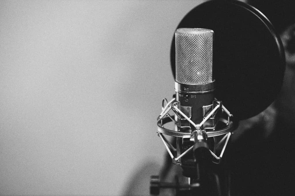 Micrófono de estudio en blanco y negro, con filtro antipop.